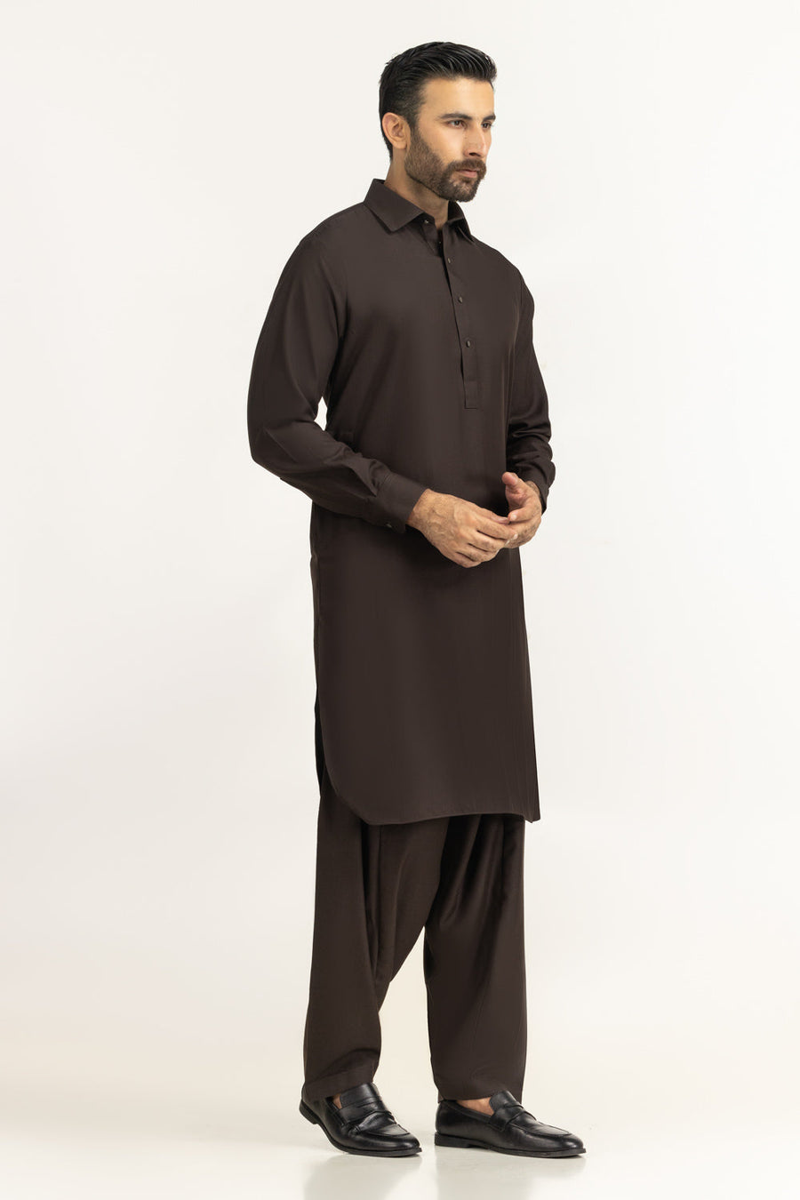 Chocolate Brown Silk 2-Piece Kurta | Buttoned Placket Design