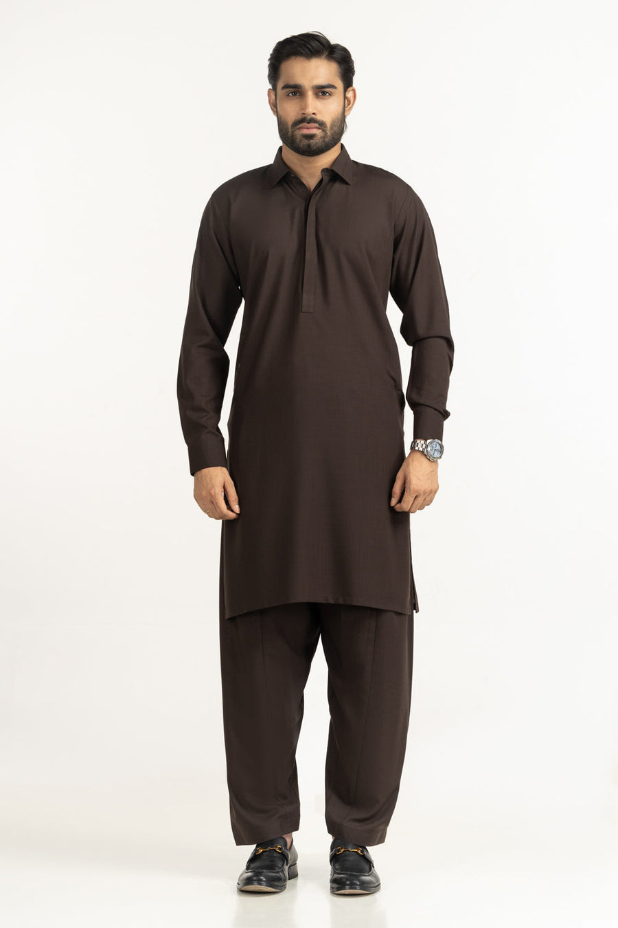 Chocolate Brown Silk 2-Piece Kurta | Minimalist Collar