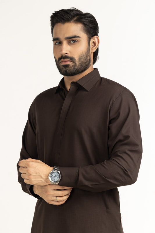 Chocolate Brown Silk 2-Piece Kurta | Minimalist Collar