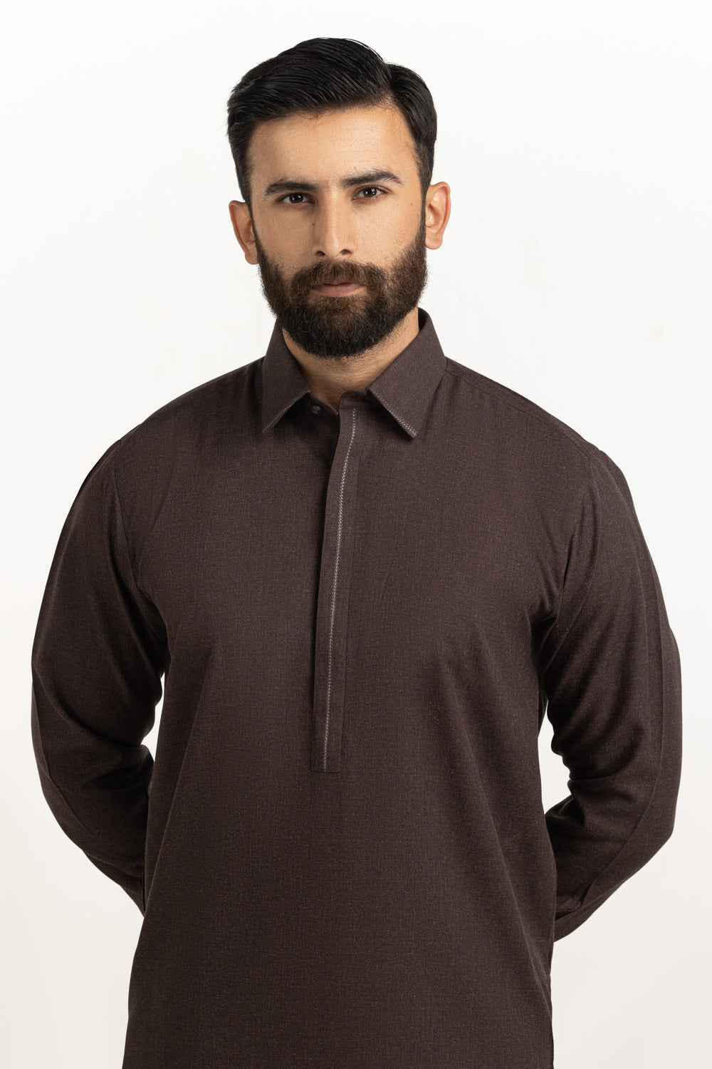 Chocolate Brown Muga Silk 2-Piece Men's Kurta | Half-Zip