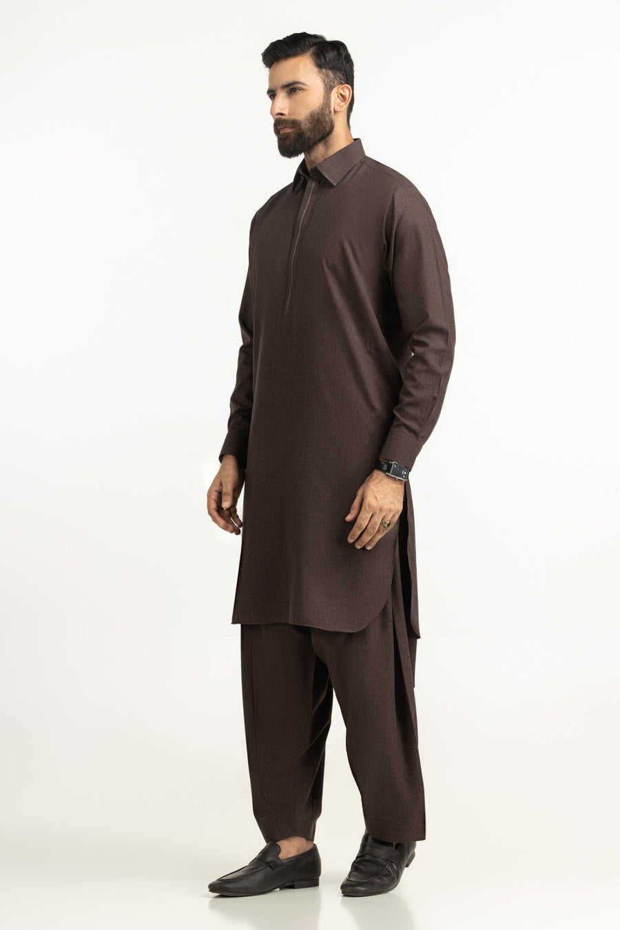 Chocolate Brown Muga Silk 2-Piece Men's Kurta | Half-Zip