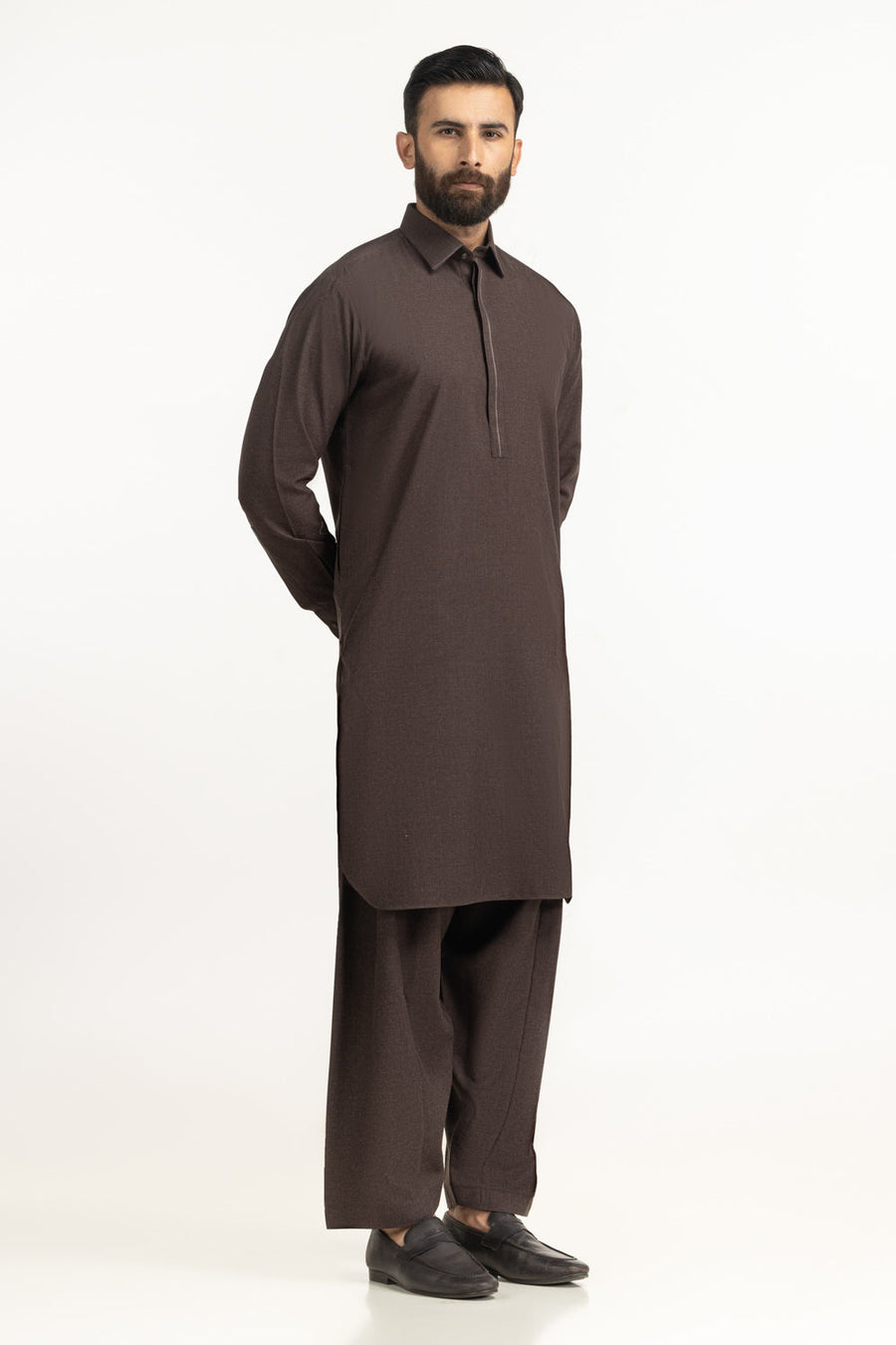 Chocolate Brown Muga Silk 2-Piece Men's Kurta | Half-Zip