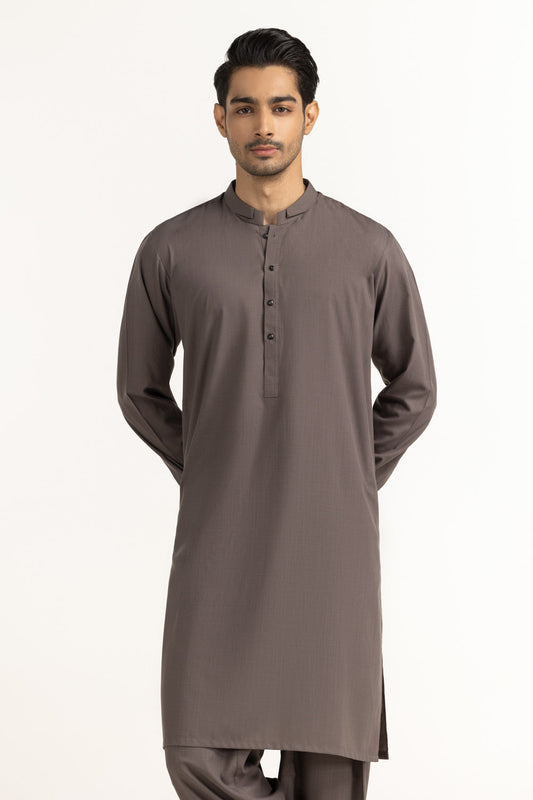 Slate Brown Mulberry Silk 2-Piece Kurta | Minimalist Henley