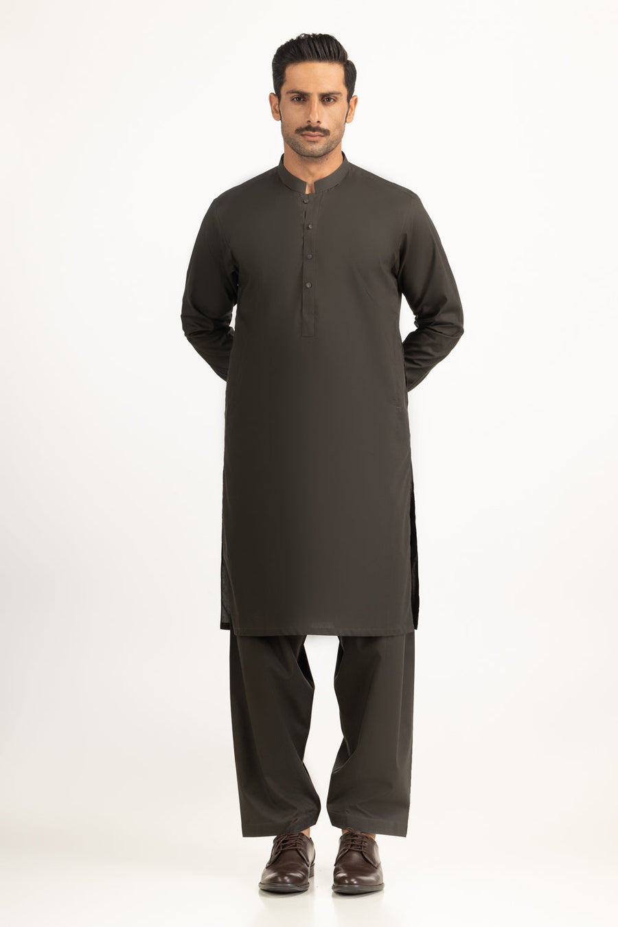 Charcoal Cotton 2-Piece Kurta Shalwar | Mandarin Collar