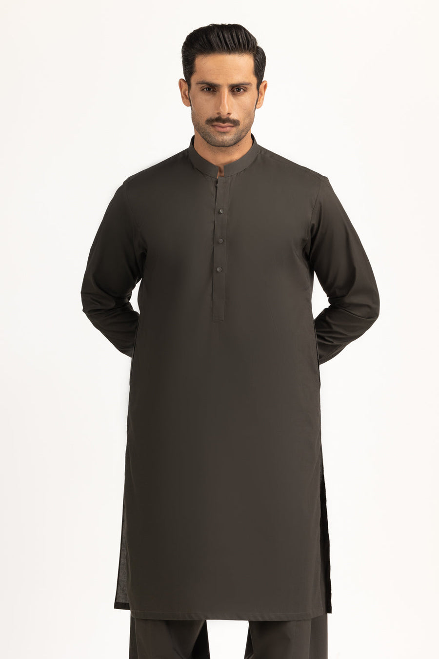 Charcoal Cotton 2-Piece Kurta Shalwar | Mandarin Collar