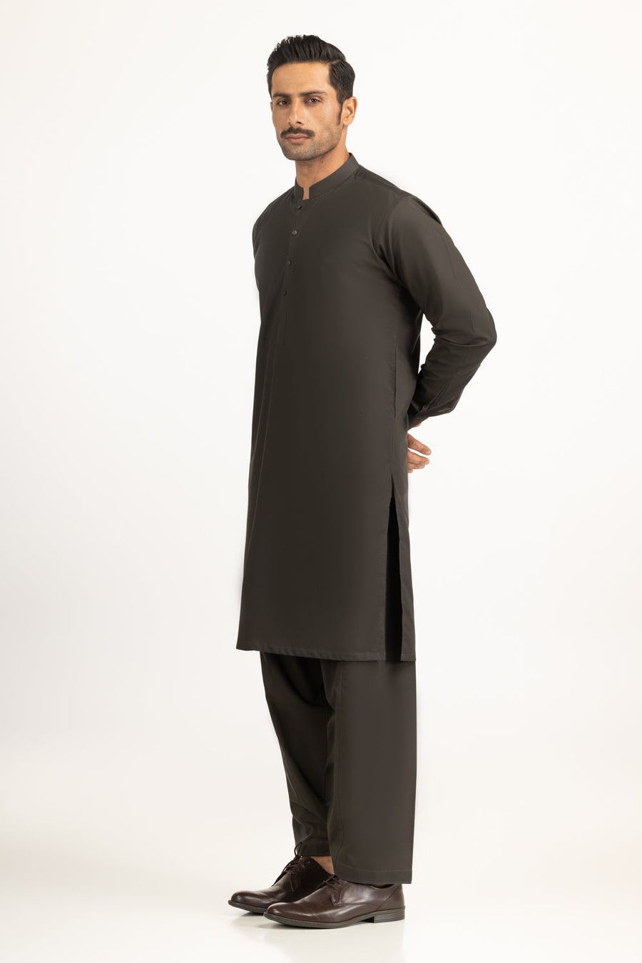 Charcoal Cotton 2-Piece Kurta Shalwar | Mandarin Collar