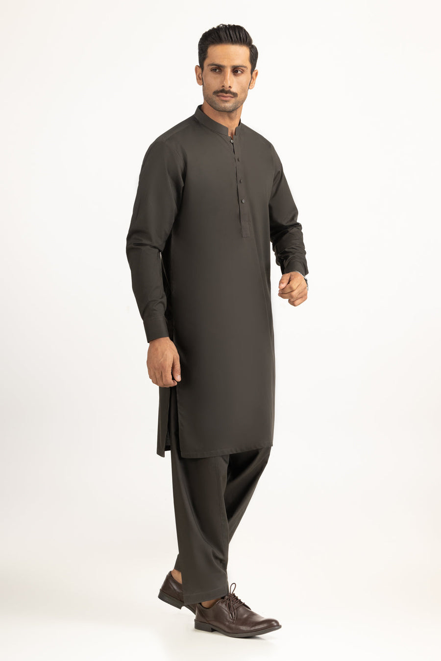 Charcoal Cotton 2-Piece Kurta Shalwar | Mandarin Collar