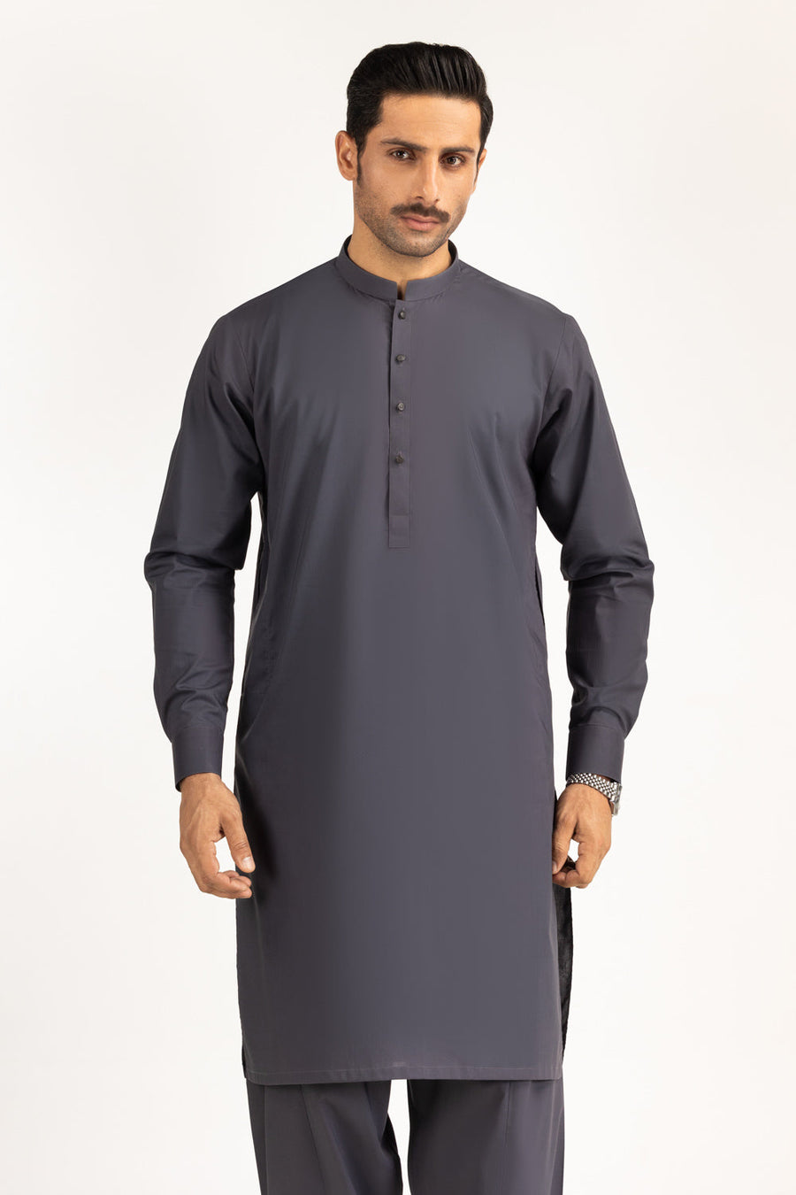 Slate Grey Cotton 2-Piece Kurta | Mandarin Collar
