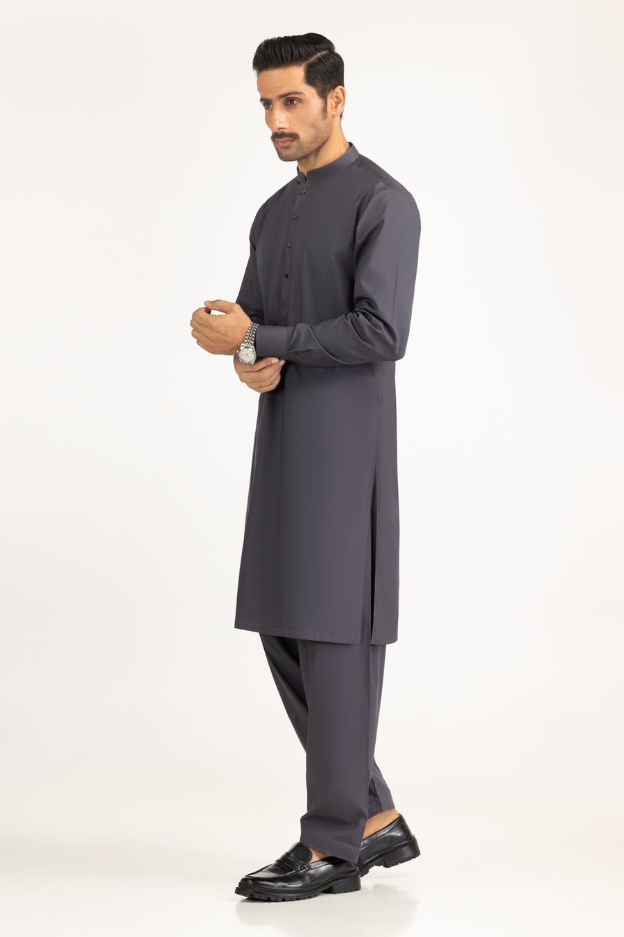 Slate Grey Cotton 2-Piece Kurta | Mandarin Collar