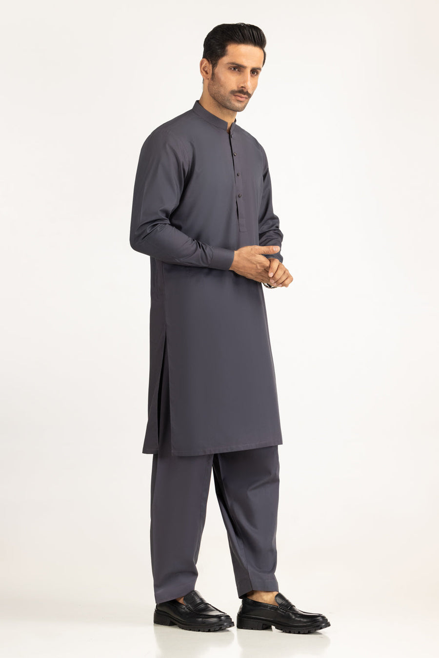 Slate Grey Cotton 2-Piece Kurta | Mandarin Collar