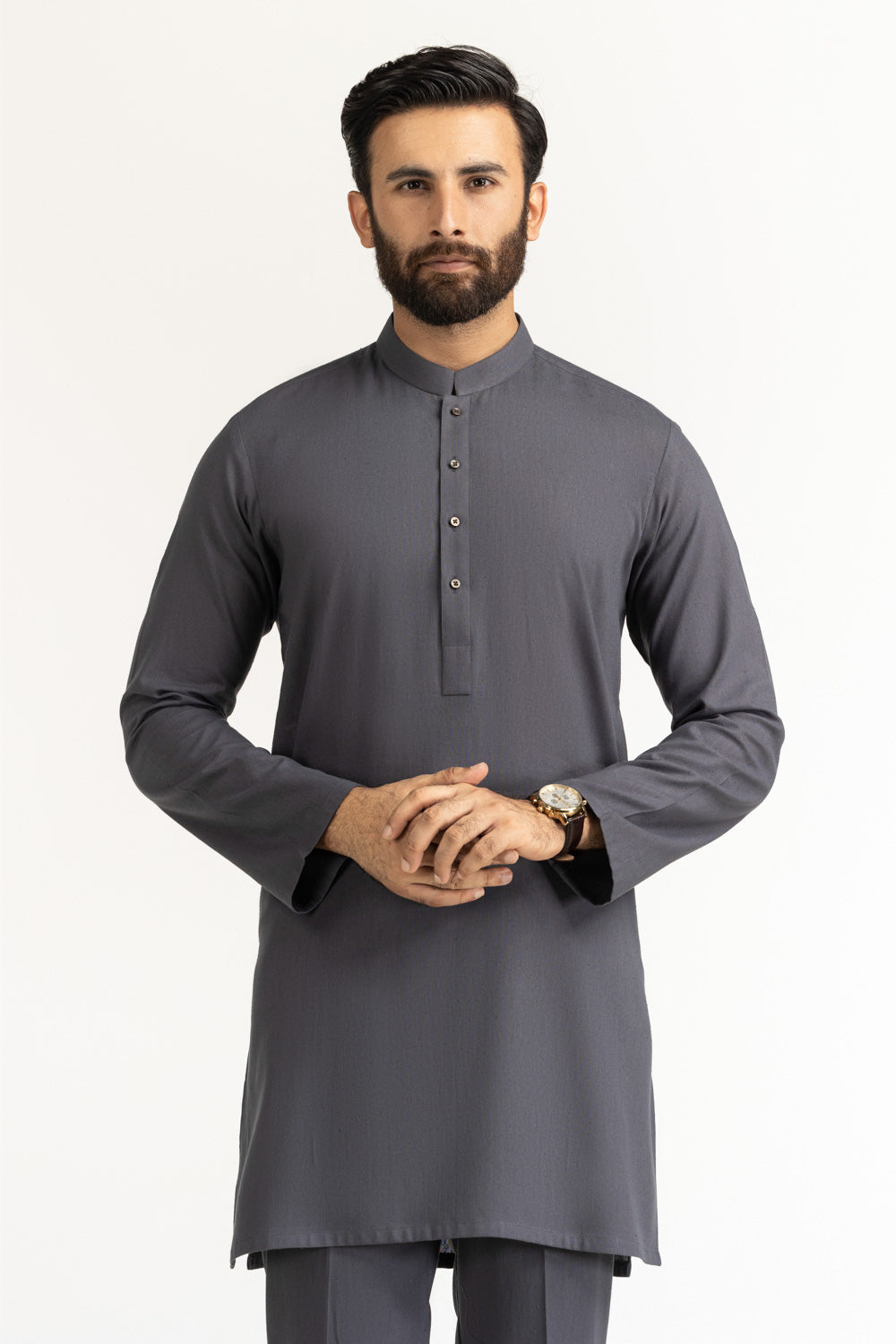 Slate Grey Mulberry Silk 2-Piece Kurta | Mandarin Collar