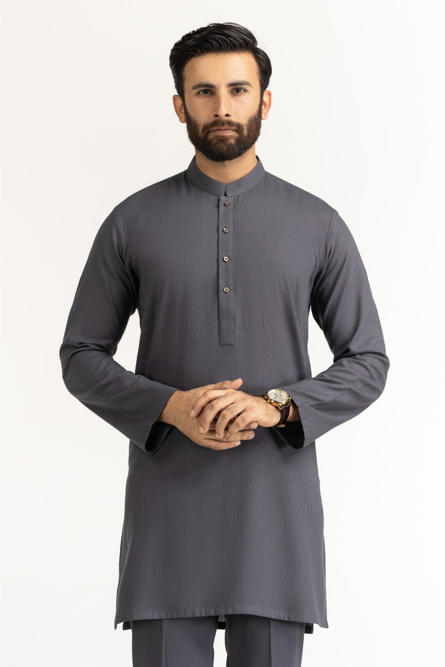 Slate Grey Mulberry Silk 2-Piece Kurta | Mandarin Collar