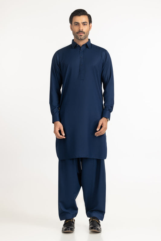 Midnight Navy Silk 2-Piece Kurta Pajama | Classic Collar