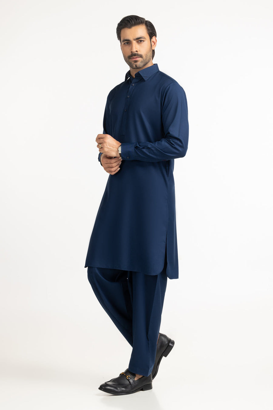 Midnight Navy Silk 2-Piece Kurta Pajama | Classic Collar
