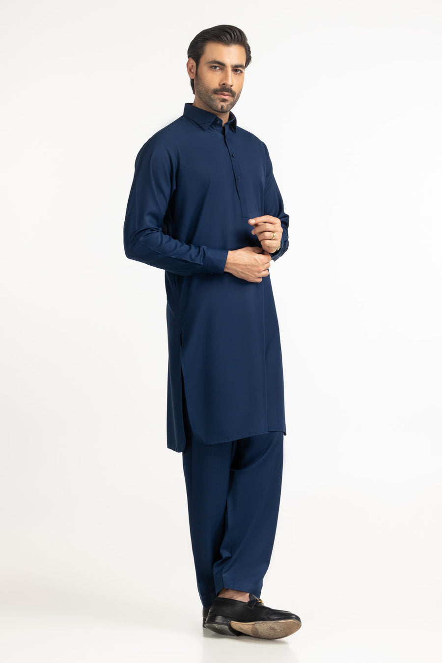Midnight Navy Silk 2-Piece Kurta Pajama | Classic Collar