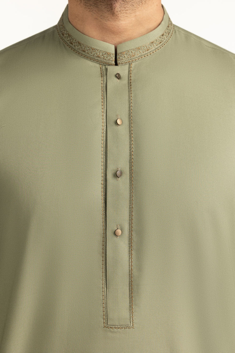 Sage Green Muga Silk 2-Piece Kurta | Embroidered Neckline