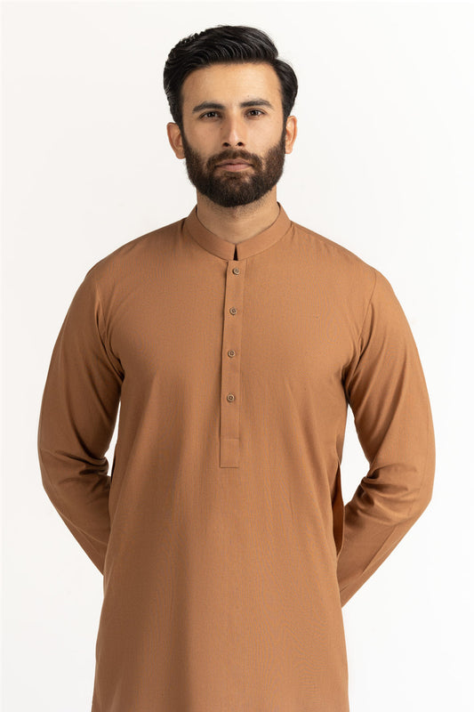 Rust Brown Linen 2-Piece Kurta | Mandarin Collar