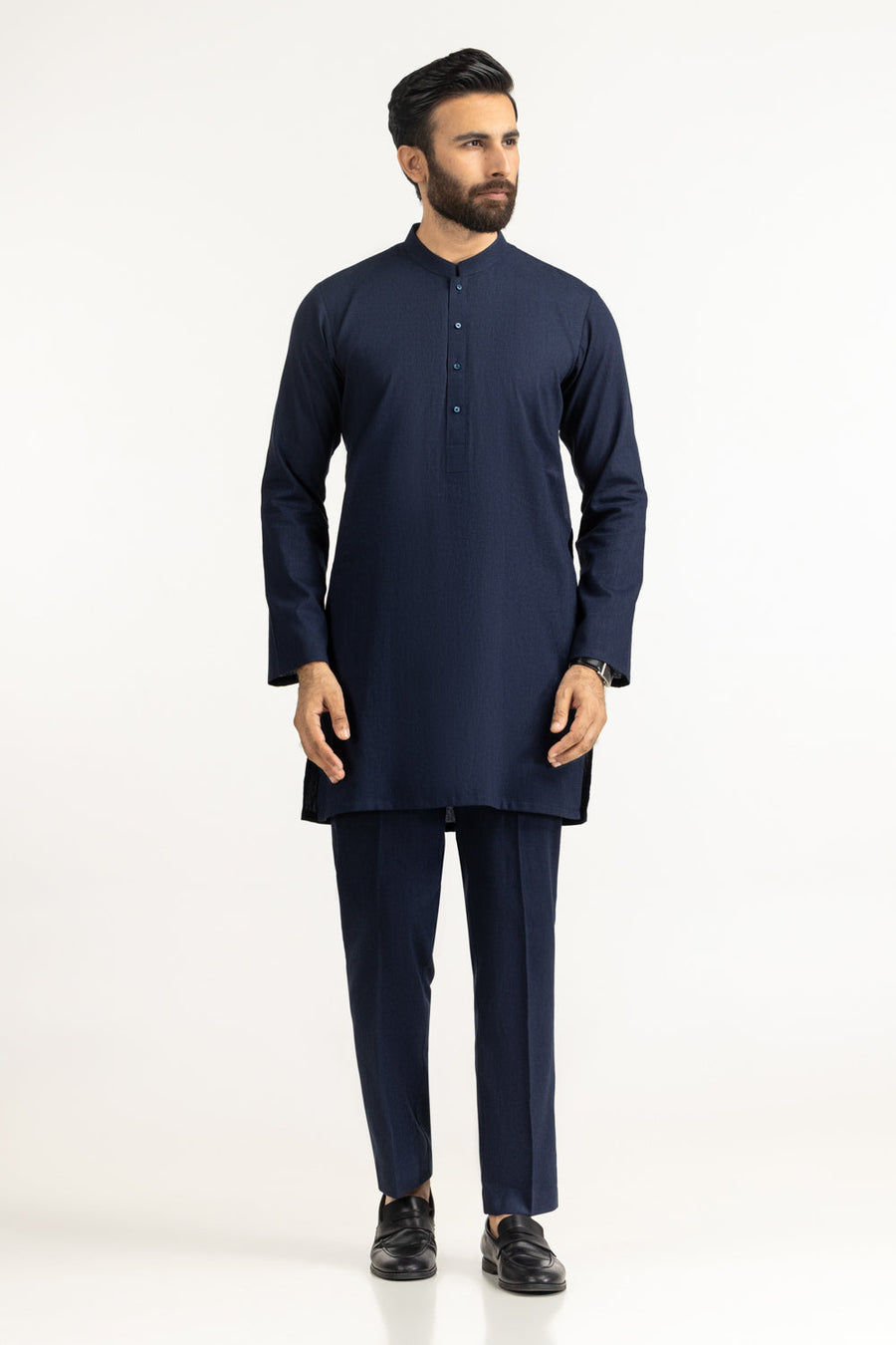 Midnight Navy Linen 2-Piece Kurta | Henley Neckline