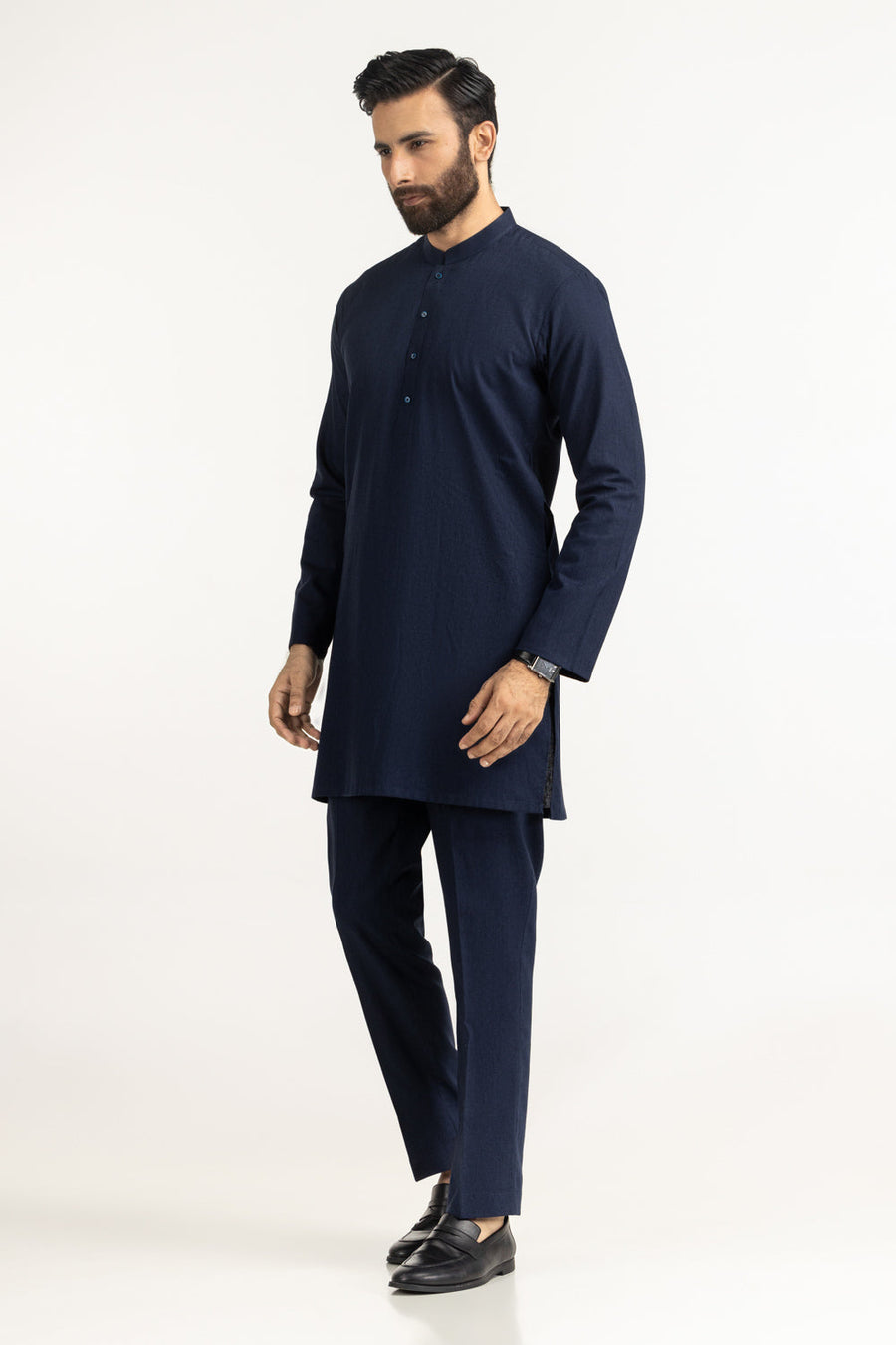 Midnight Navy Linen 2-Piece Kurta | Henley Neckline