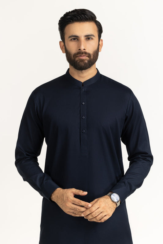 Midnight Navy Silk 2-Piece Kurta | Mandarin Collar