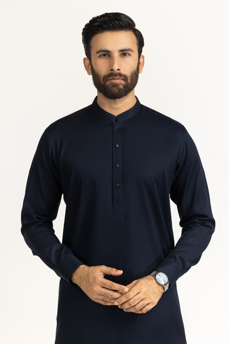 Midnight Navy Silk 2-Piece Kurta | Mandarin Collar