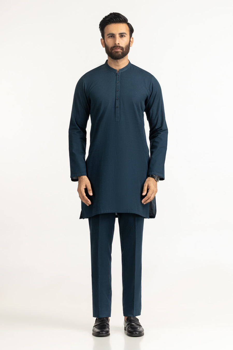 Slate Blue Mulberry Silk 2-Piece Kurta Set | Henley Neckline