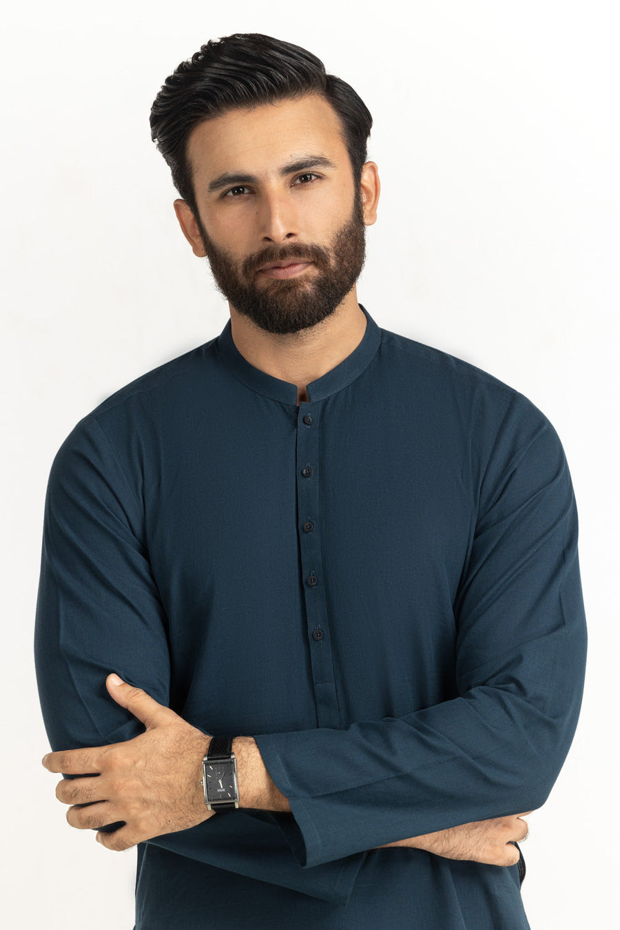 Slate Blue Mulberry Silk 2-Piece Kurta Set | Henley Neckline