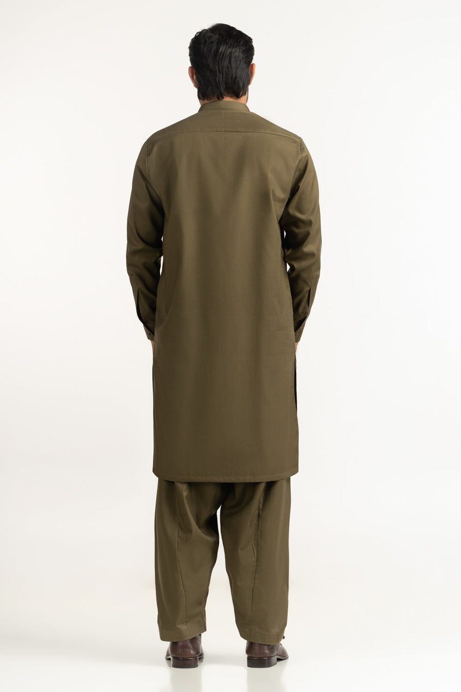 Olive Silk 2-Piece Kurta | Mandarin Collar with Pearl Buttons
