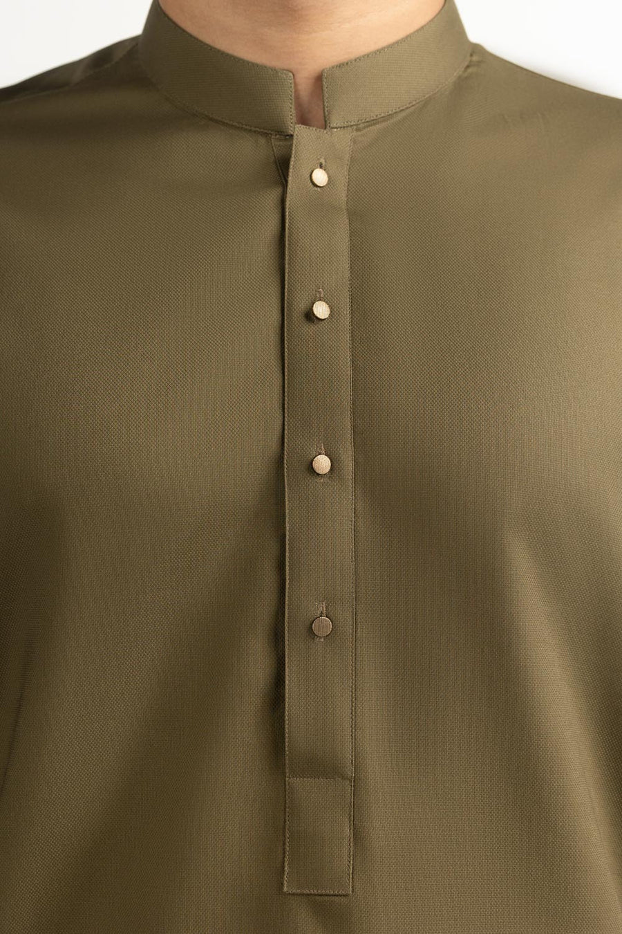 Olive Silk 2-Piece Kurta | Mandarin Collar with Pearl Buttons