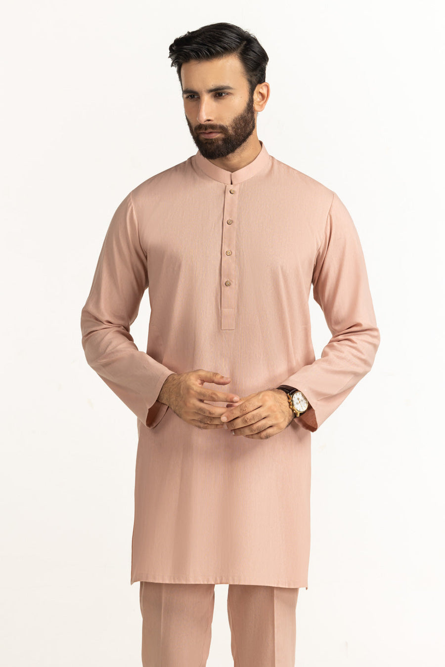 Tea Pink Silk 2-Piece Kurta Set | Henley Neckline
