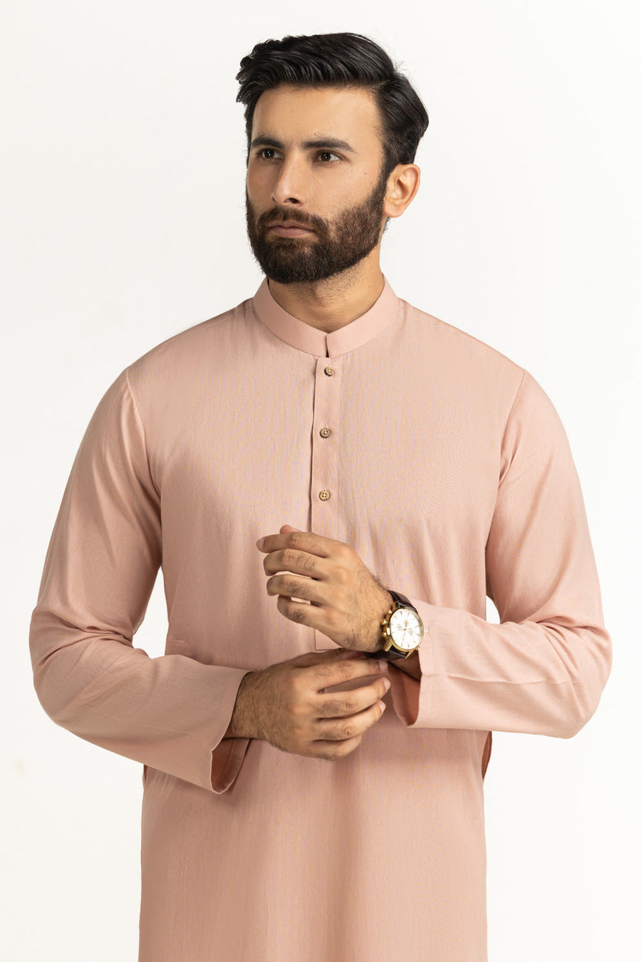 Tea Pink Silk 2-Piece Kurta Set | Henley Neckline