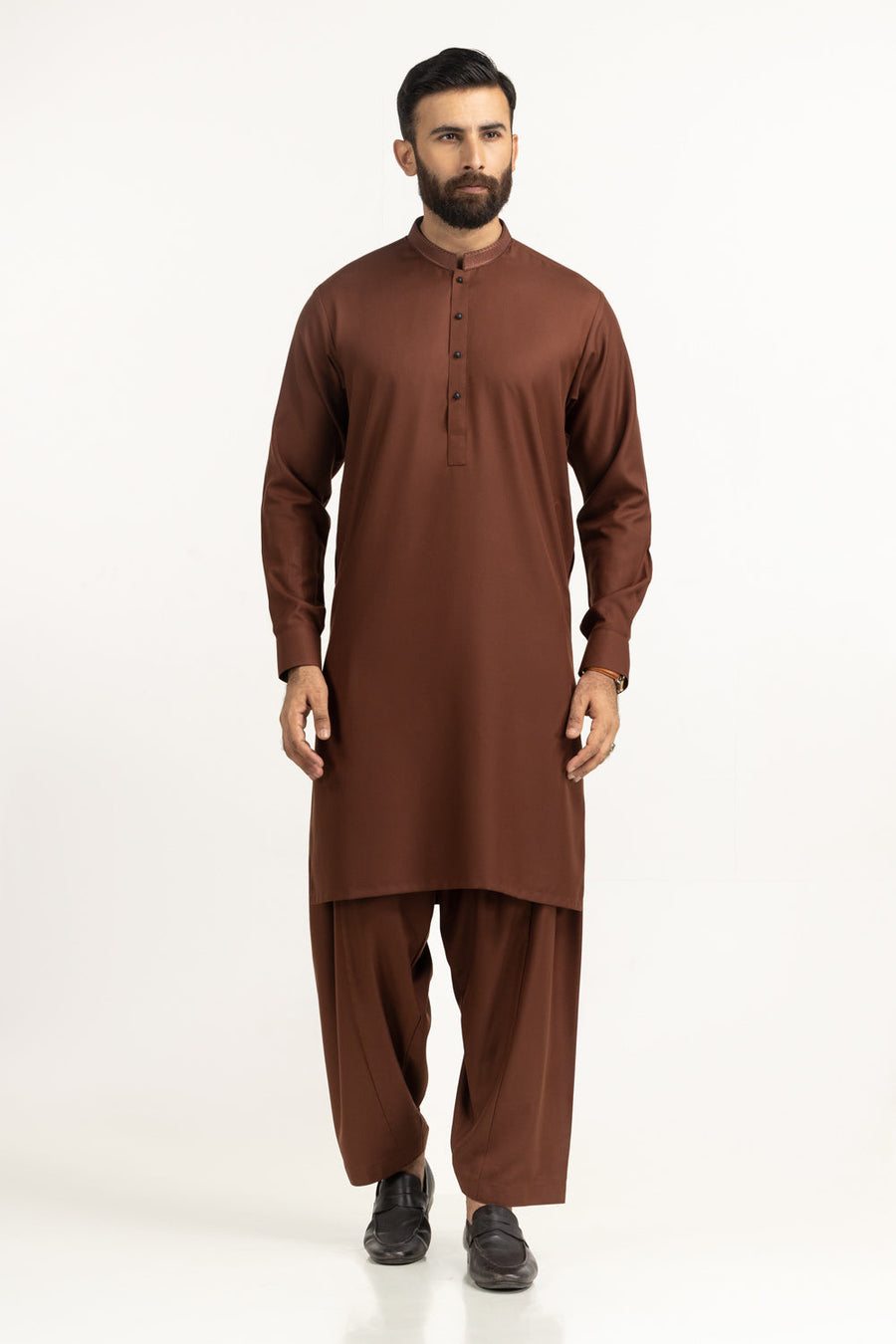 Rust Brown Khaddar 2-Piece Kurta Shalwar | Mandarin Collar