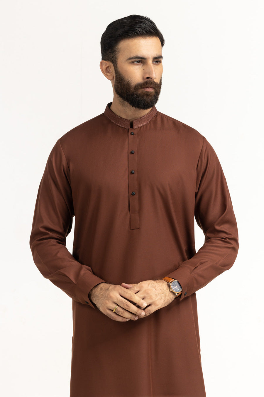 Rust Brown Khaddar 2-Piece Kurta Shalwar | Mandarin Collar