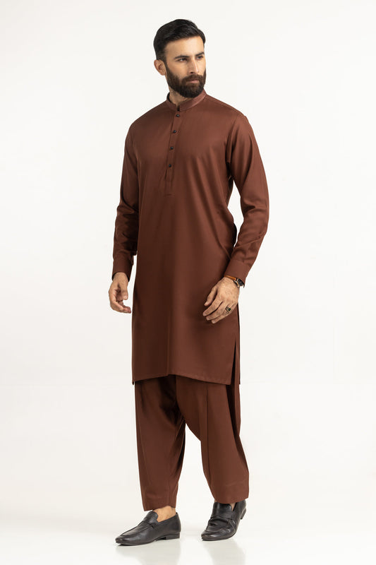 Rust Brown Khaddar 2-Piece Kurta Shalwar | Mandarin Collar