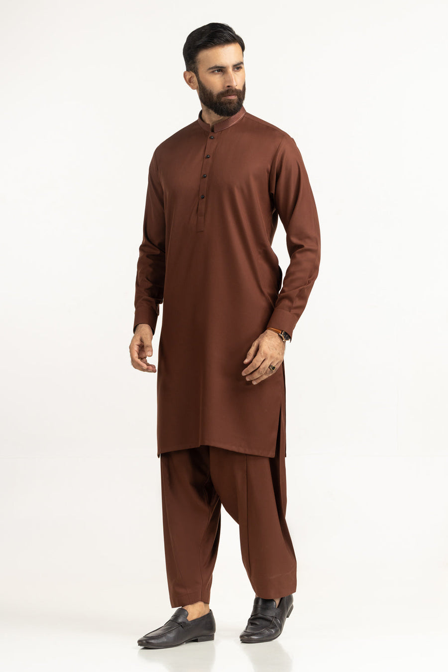 Rust Brown Khaddar 2-Piece Kurta Shalwar | Mandarin Collar