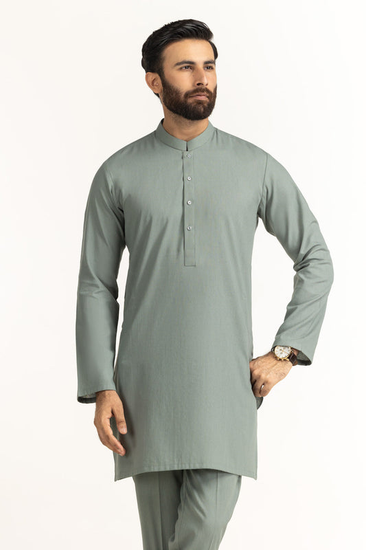 Sage Linen 2-Piece Kurta Set | Mandarin Collar