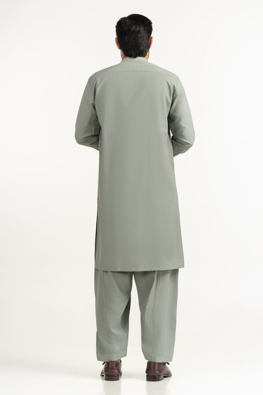 Sage Green Mulberry Silk 2-Piece Kurta | Mandarin Collar