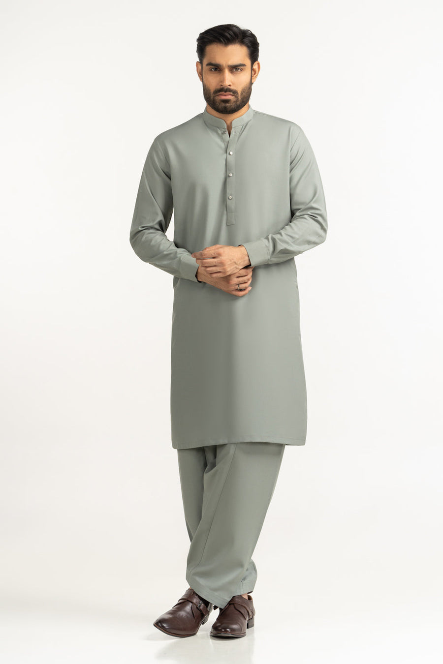 Sage Green Mulberry Silk 2-Piece Kurta | Mandarin Collar