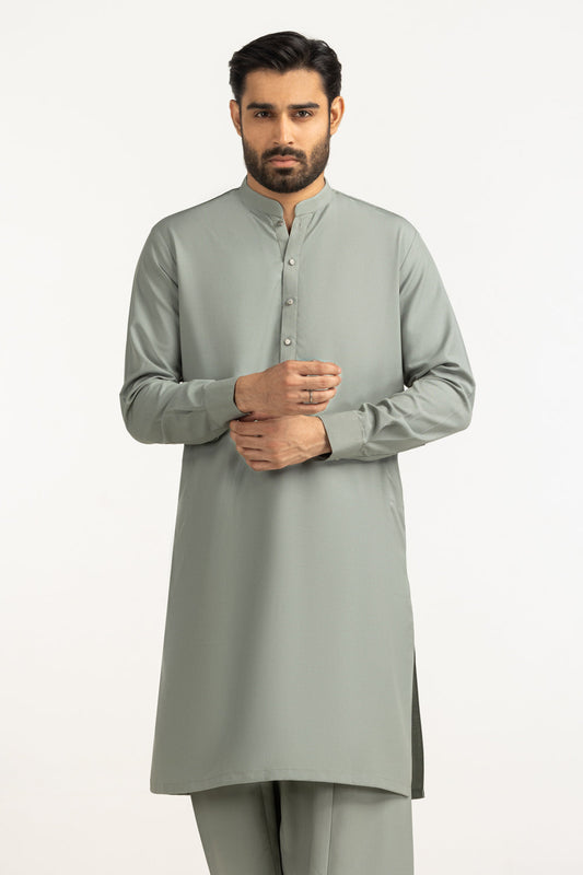 Sage Green Mulberry Silk 2-Piece Kurta | Mandarin Collar