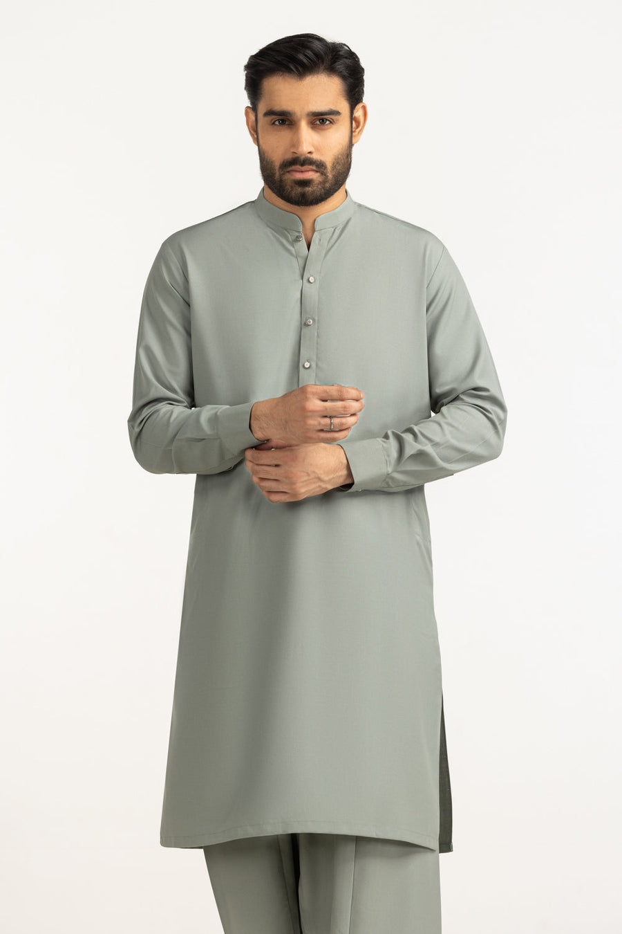 Sage Green Mulberry Silk 2-Piece Kurta | Mandarin Collar