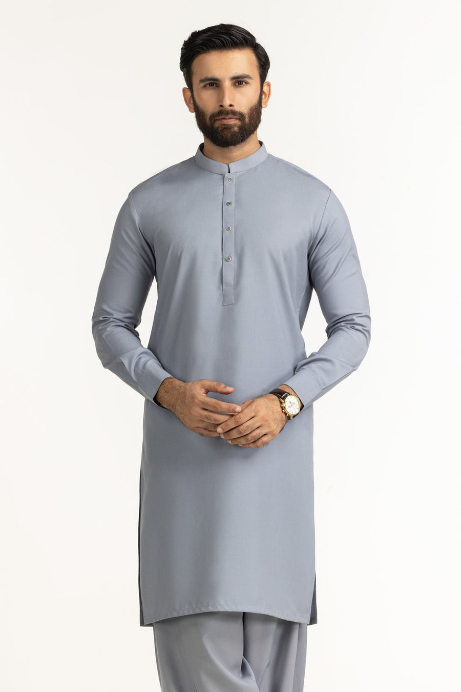 Slate Blue Mulberry Silk 2-Piece Kurta | Mandarin Collar