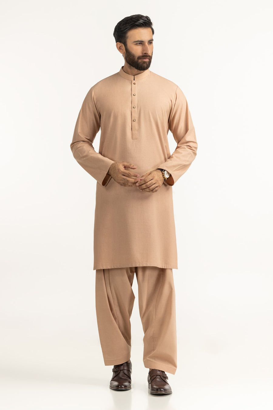 Warm Taupe Cotton 2-Piece Kurta | Mandarin Collar