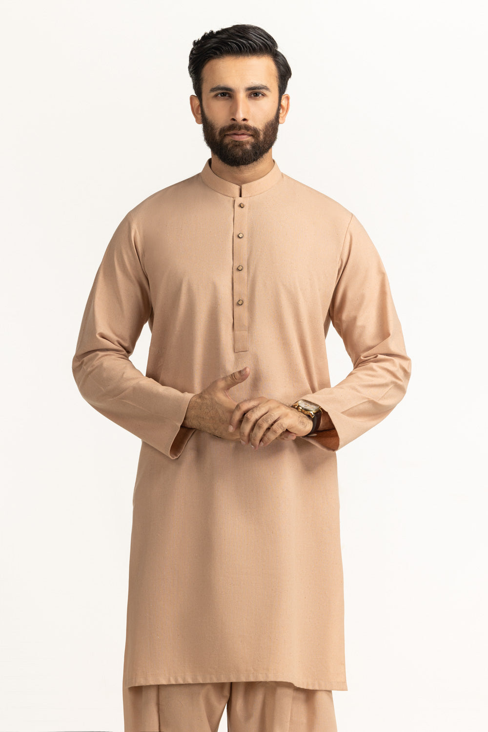 Warm Taupe Cotton 2-Piece Kurta | Mandarin Collar