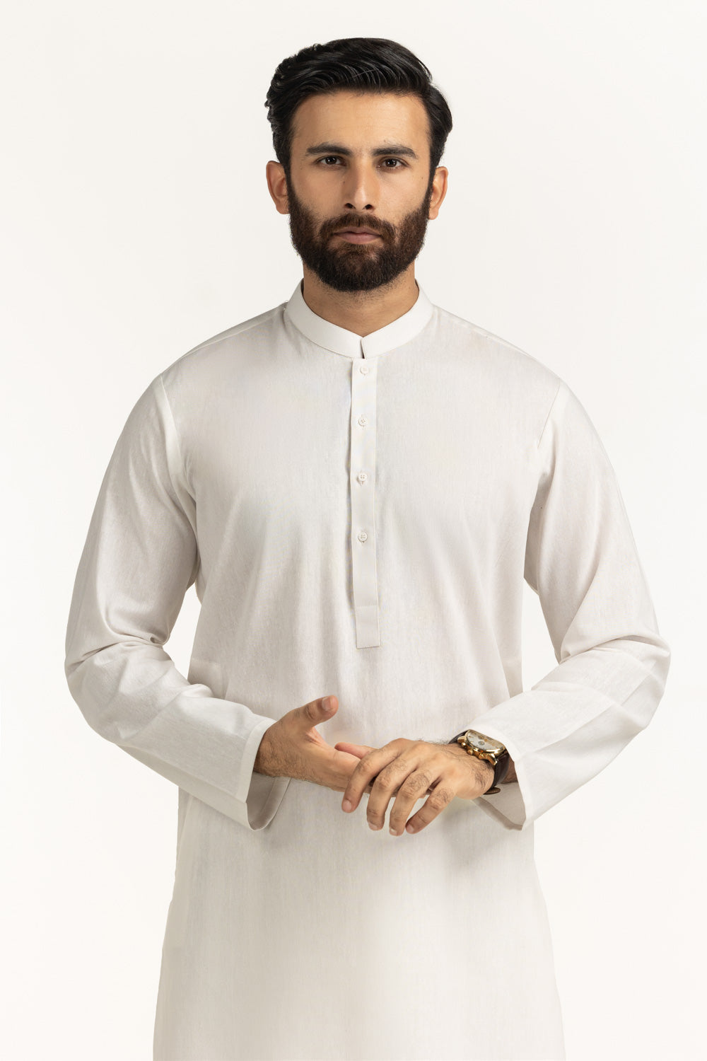 Off-White Mulberry Silk 2-Piece Kurta | Mandarin Collar Design