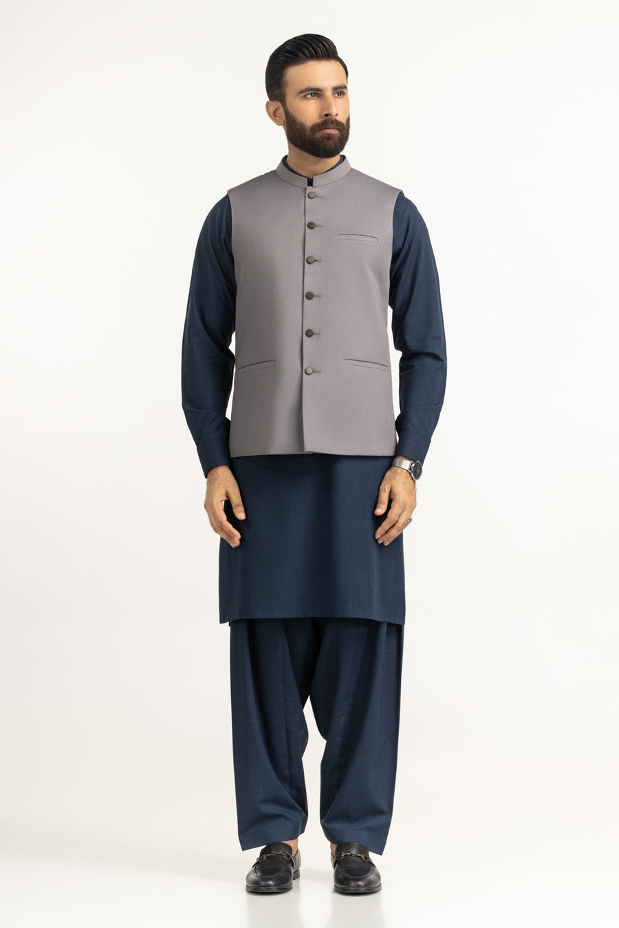 Slate Grey Silk Cashmere 2-Piece Waistcoat | Mandarin Collar