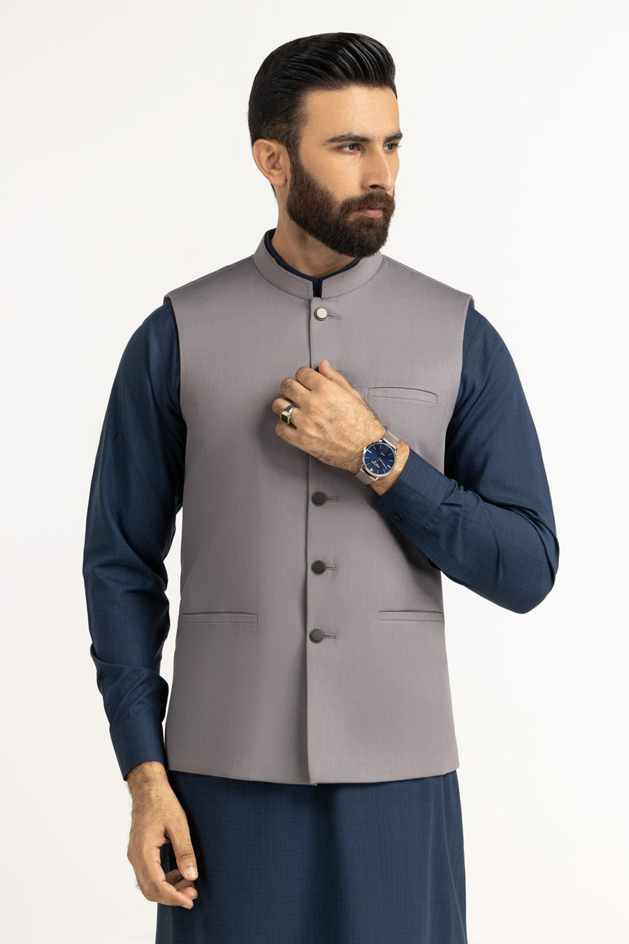 Slate Grey Silk Cashmere 2-Piece Waistcoat | Mandarin Collar