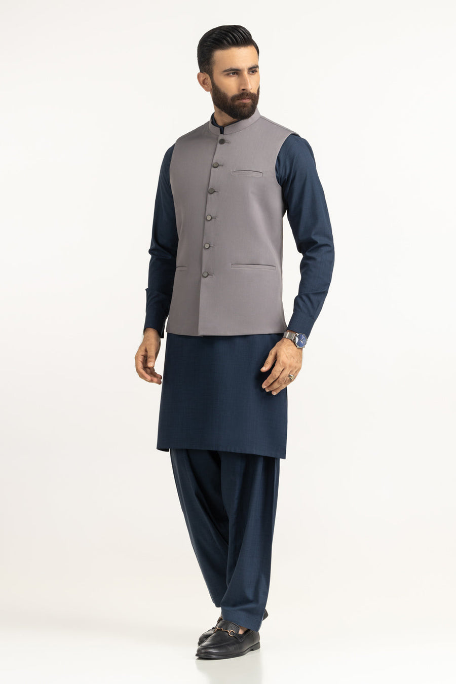 Slate Grey Silk Cashmere 2-Piece Waistcoat | Mandarin Collar