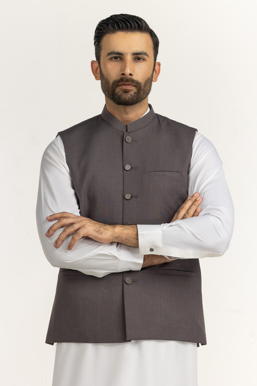 Chocolate Brown Silk 3-Piece Waistcoat Set | Mandarin Collar