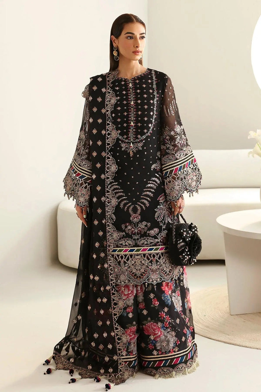 Mona Black Embroidered Chiffon Suit with Printed Wide-Leg Trousers | Stitched & Unstitched