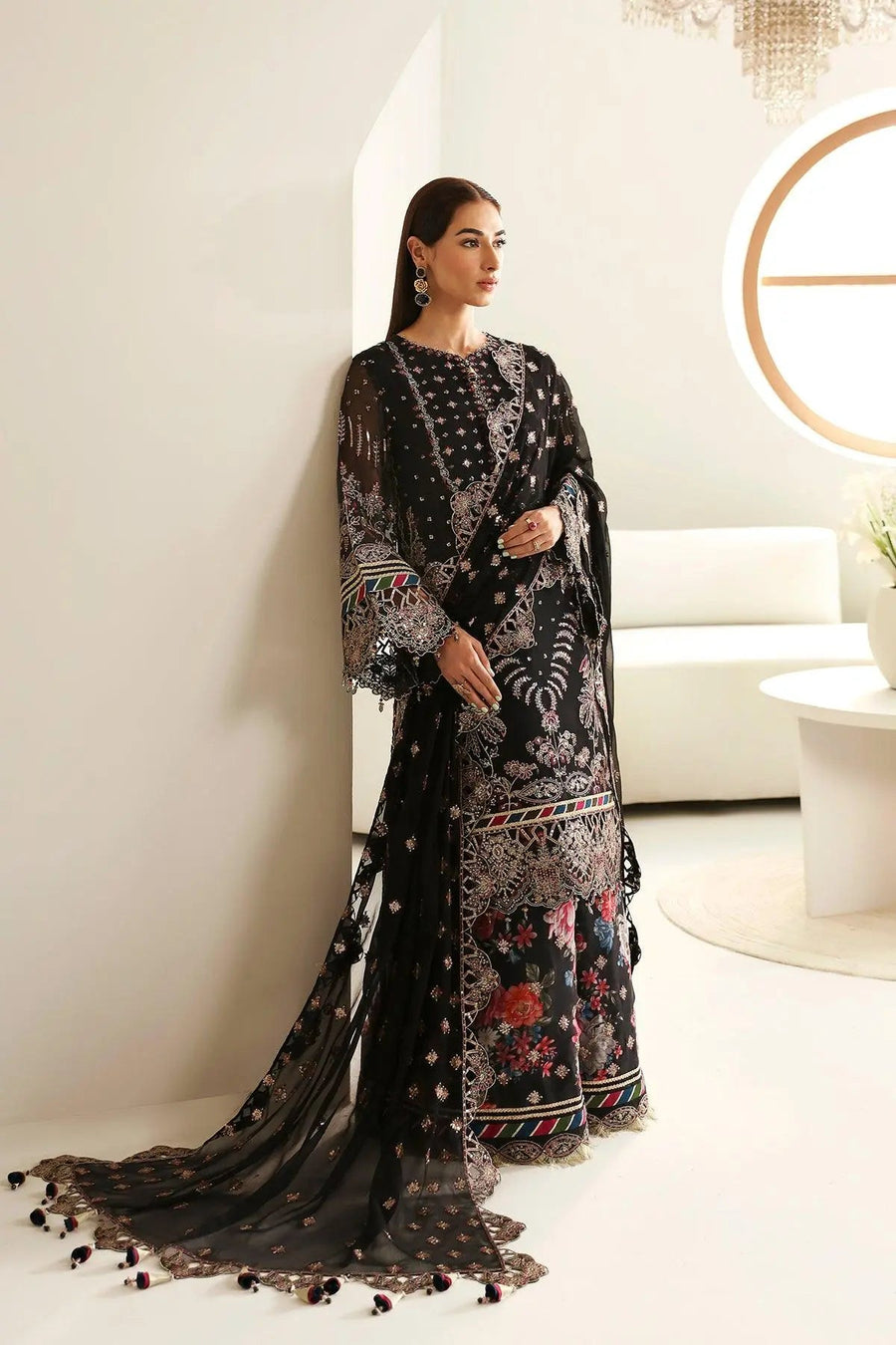 Mona Black Embroidered Chiffon Suit with Printed Wide-Leg Trousers | Stitched & Unstitched
